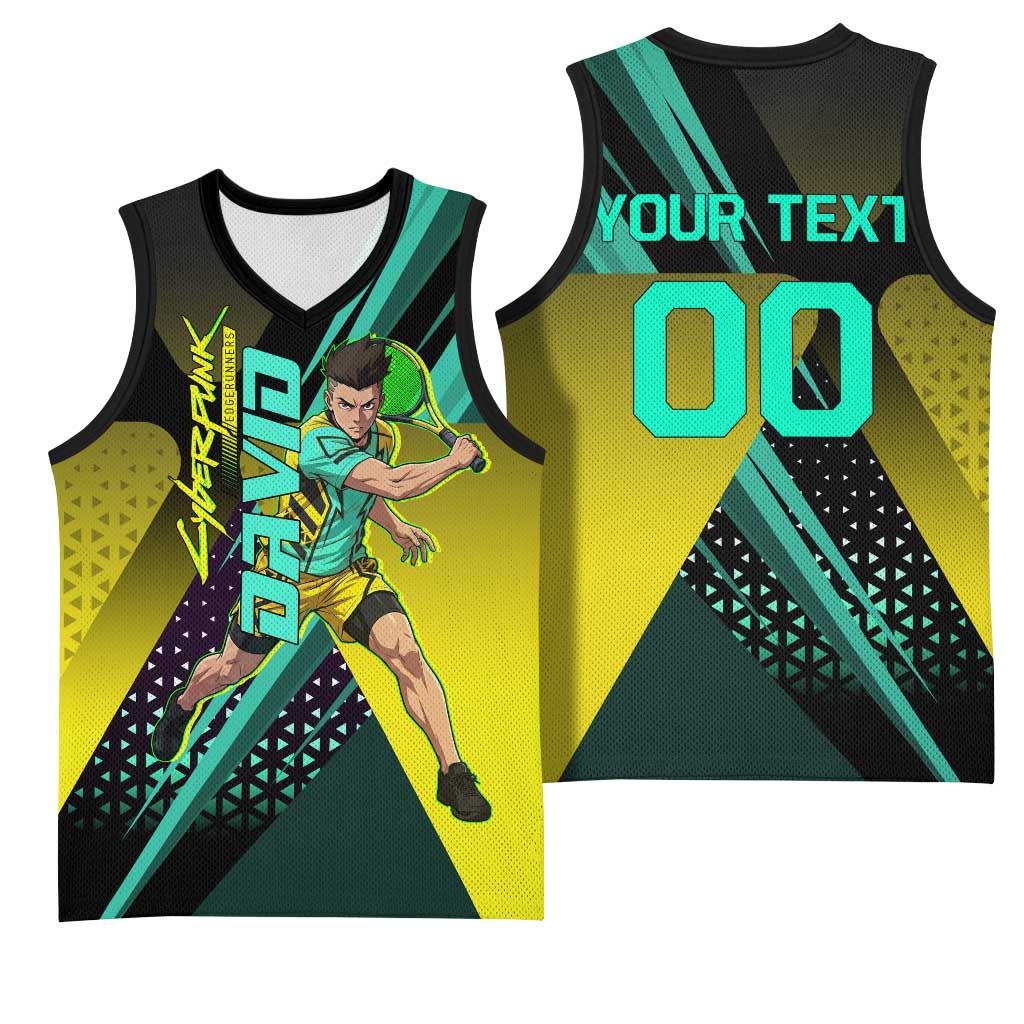 Personalized David Tennis Design Basketball Jersey with a Cyberpunk Theme, Edgerunners Features Neon Green and Yellow Styling and a Powerful Pose