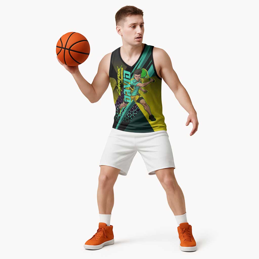 Personalized David Tennis Design Basketball Jersey with a Cyberpunk Theme, Edgerunners Features Neon Green and Yellow Styling and a Powerful Pose
