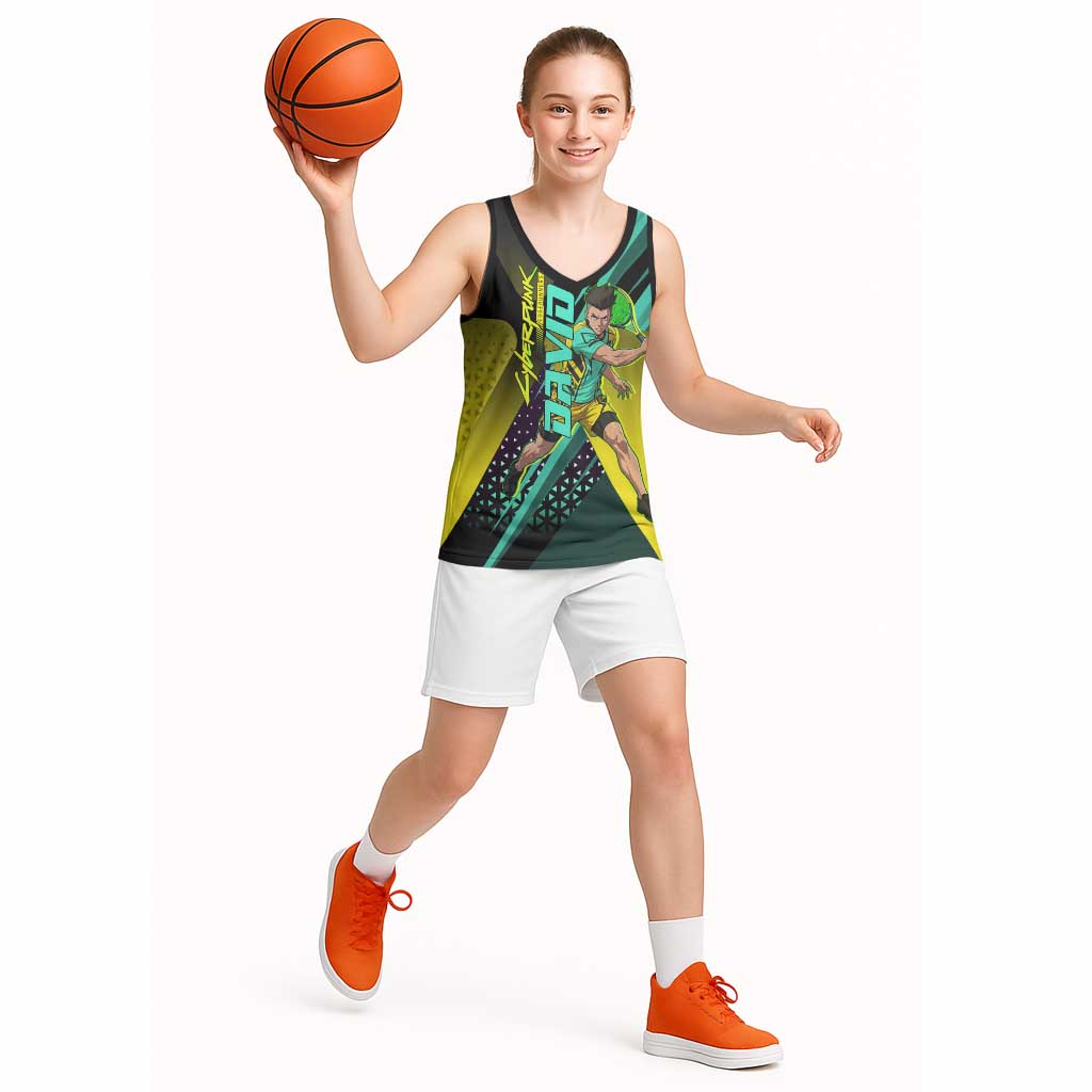 Personalized David Tennis Design Basketball Jersey with a Cyberpunk Theme, Edgerunners Features Neon Green and Yellow Styling and a Powerful Pose