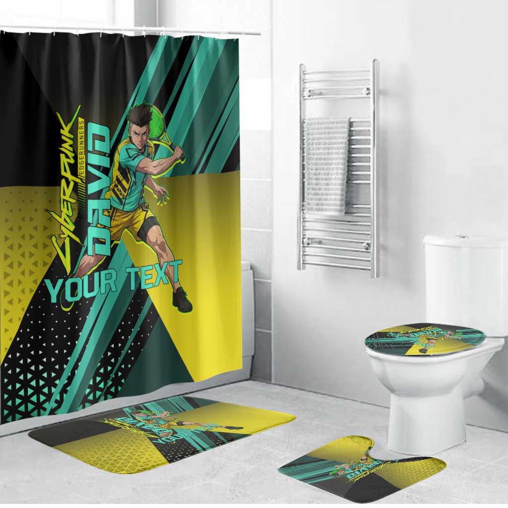 Personalized David Tennis Design Bathroom Set with a Cyberpunk Theme, Edgerunners Features Neon Green and Yellow Styling and a Powerful Pose