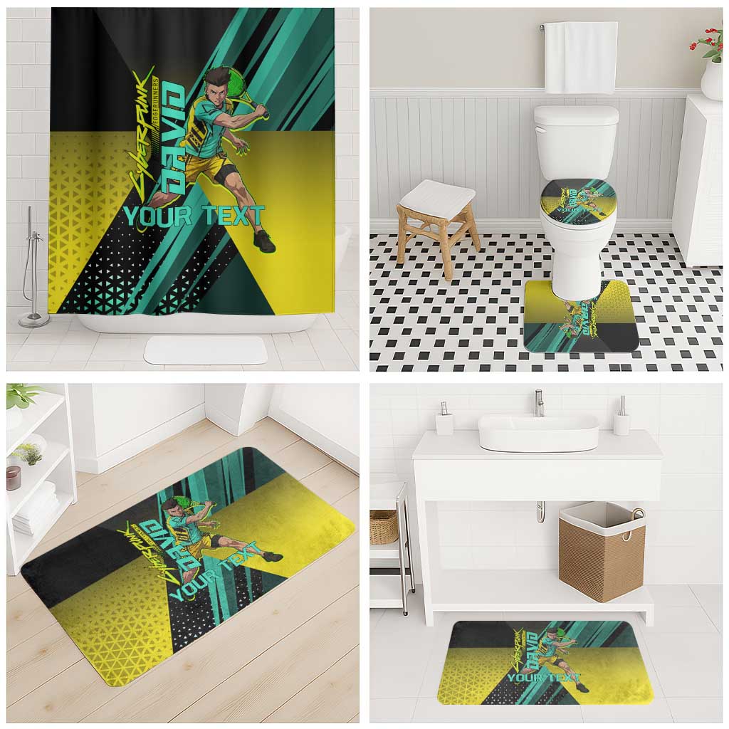 Personalized David Tennis Design Bathroom Set with a Cyberpunk Theme, Edgerunners Features Neon Green and Yellow Styling and a Powerful Pose