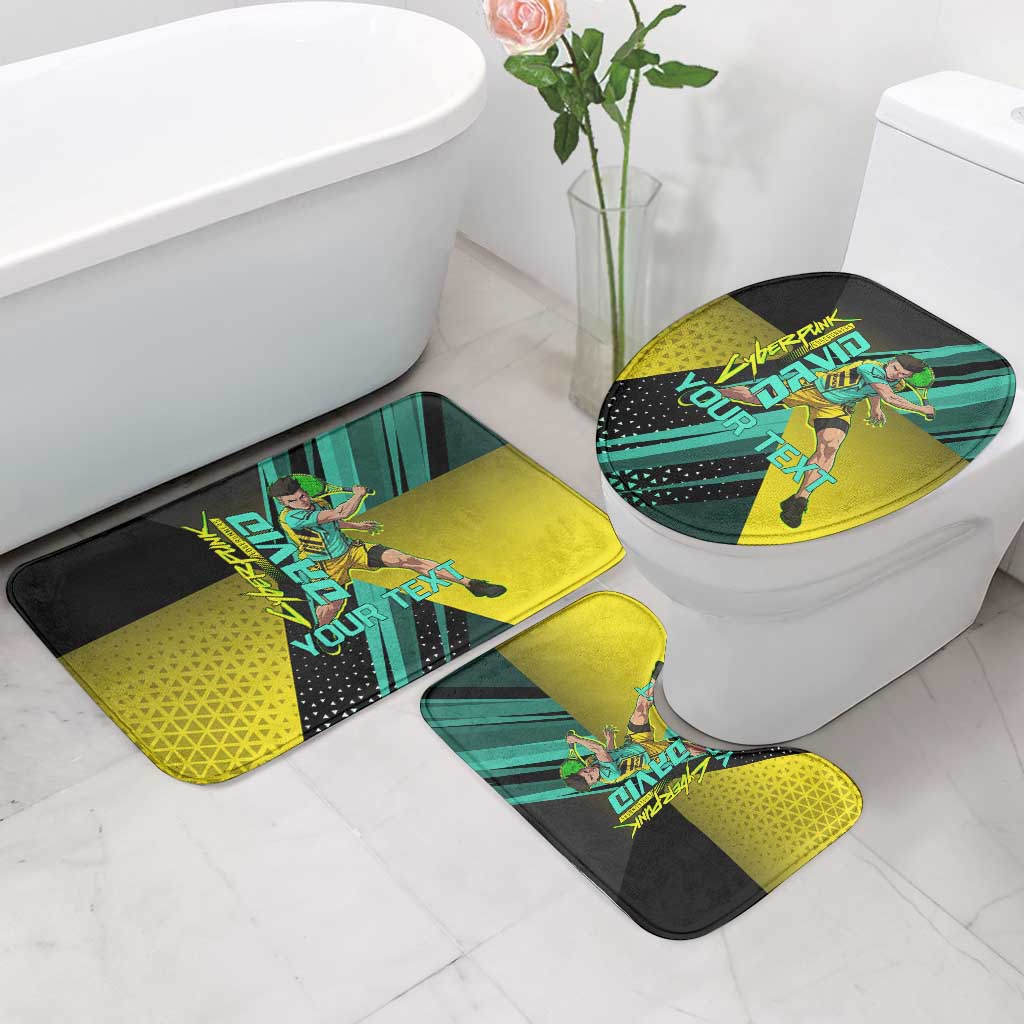 Personalized David Tennis Design Bathroom Set with a Cyberpunk Theme, Edgerunners Features Neon Green and Yellow Styling and a Powerful Pose