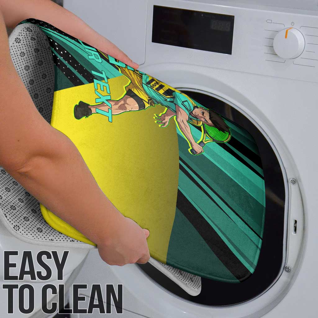 Personalized David Tennis Design Bathroom Set with a Cyberpunk Theme, Edgerunners Features Neon Green and Yellow Styling and a Powerful Pose