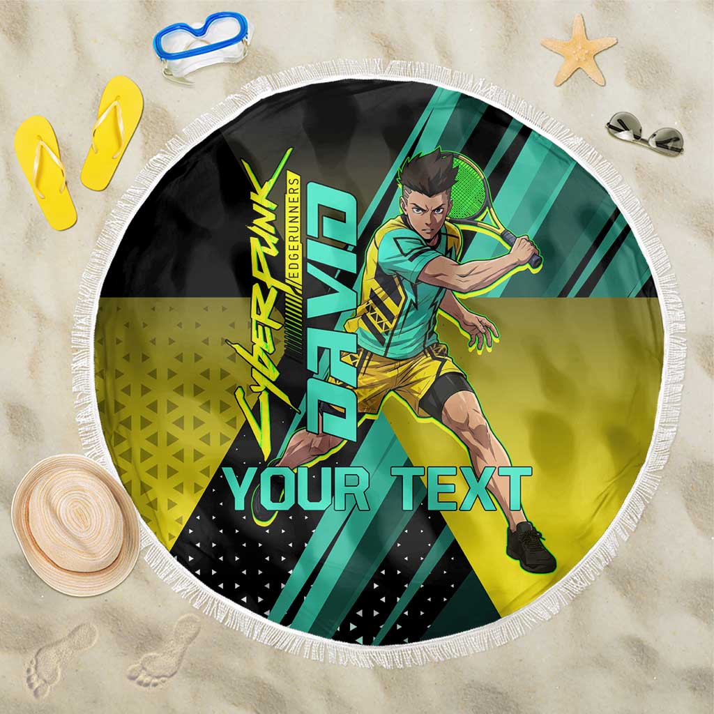 Personalized David Tennis Design Beach Blanket with a Cyberpunk Theme, Edgerunners Features Neon Green and Yellow Styling and a Powerful Pose