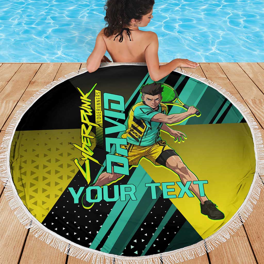 Personalized David Tennis Design Beach Blanket with a Cyberpunk Theme, Edgerunners Features Neon Green and Yellow Styling and a Powerful Pose