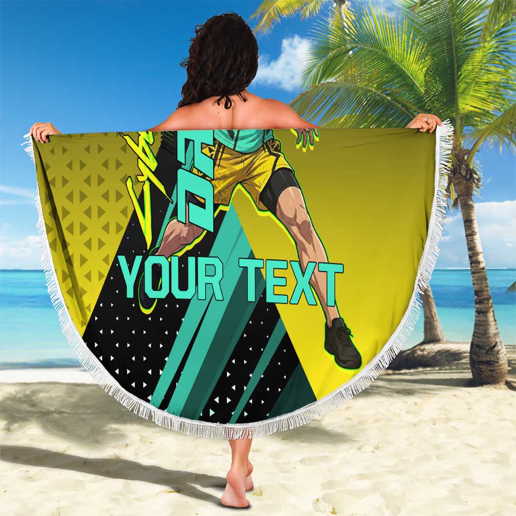 Personalized David Tennis Design Beach Blanket with a Cyberpunk Theme, Edgerunners Features Neon Green and Yellow Styling and a Powerful Pose