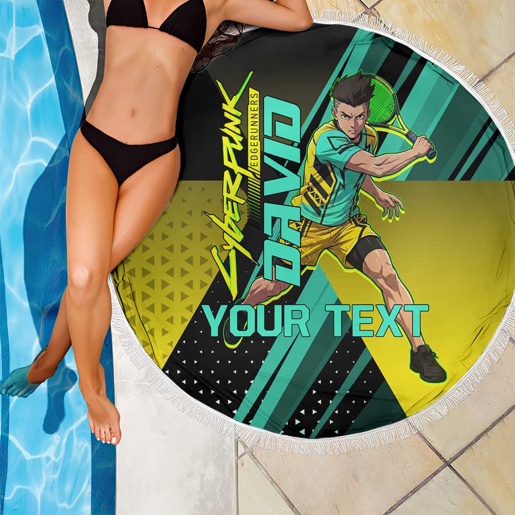 Personalized David Tennis Design Beach Blanket with a Cyberpunk Theme, Edgerunners Features Neon Green and Yellow Styling and a Powerful Pose
