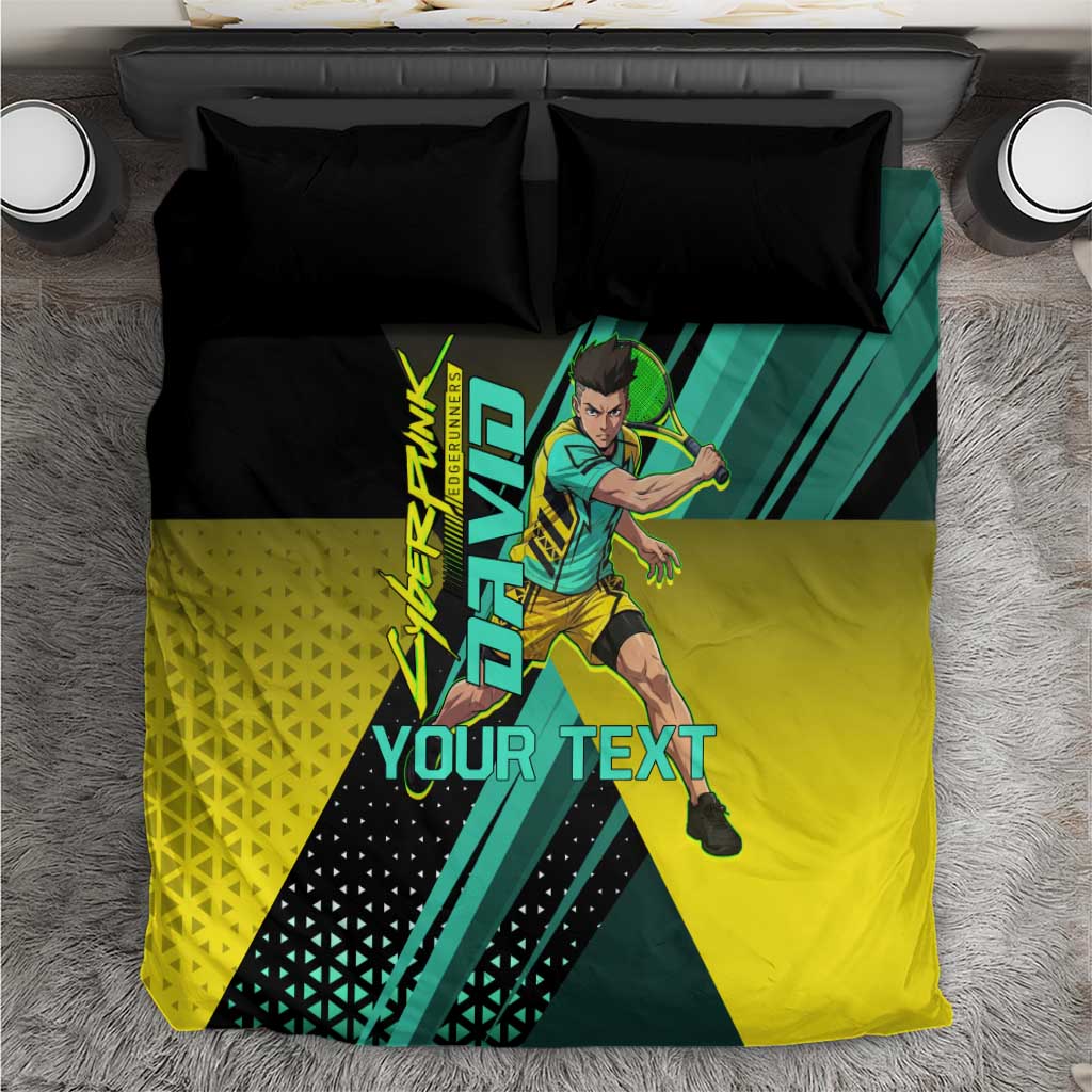 Personalized David Tennis Design Bedding Set with a Cyberpunk Theme, Edgerunners Features Neon Green and Yellow Styling and a Powerful Pose