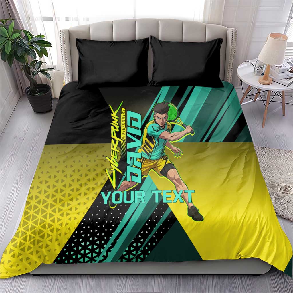 Personalized David Tennis Design Bedding Set with a Cyberpunk Theme, Edgerunners Features Neon Green and Yellow Styling and a Powerful Pose