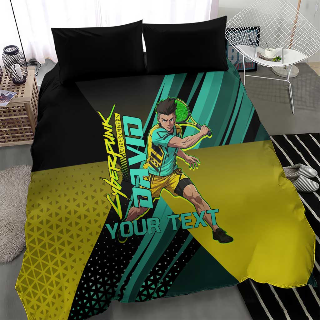 Personalized David Tennis Design Bedding Set with a Cyberpunk Theme, Edgerunners Features Neon Green and Yellow Styling and a Powerful Pose