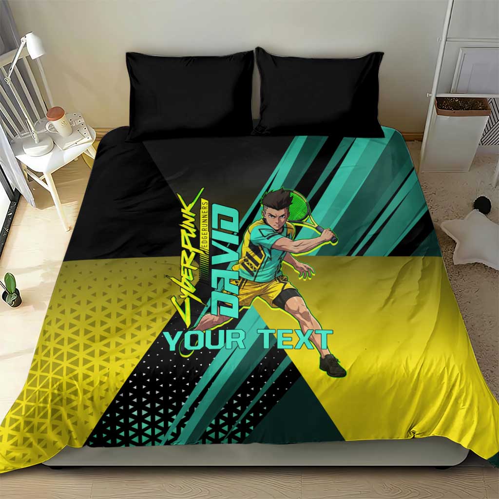 Personalized David Tennis Design Bedding Set with a Cyberpunk Theme, Edgerunners Features Neon Green and Yellow Styling and a Powerful Pose