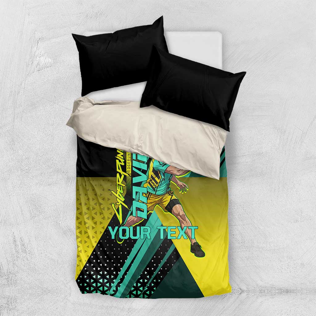 Personalized David Tennis Design Bedding Set with a Cyberpunk Theme, Edgerunners Features Neon Green and Yellow Styling and a Powerful Pose