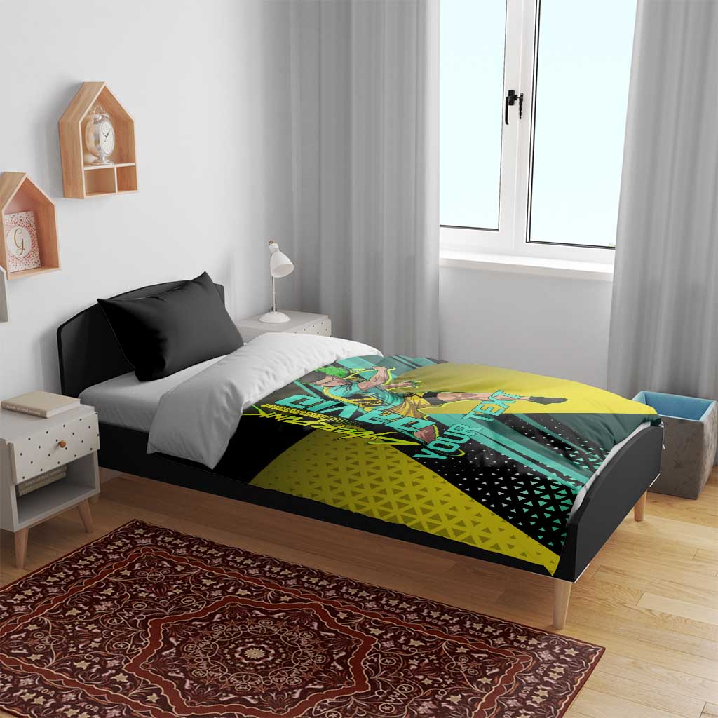 Personalized David Tennis Design Bedding Set with a Cyberpunk Theme, Edgerunners Features Neon Green and Yellow Styling and a Powerful Pose