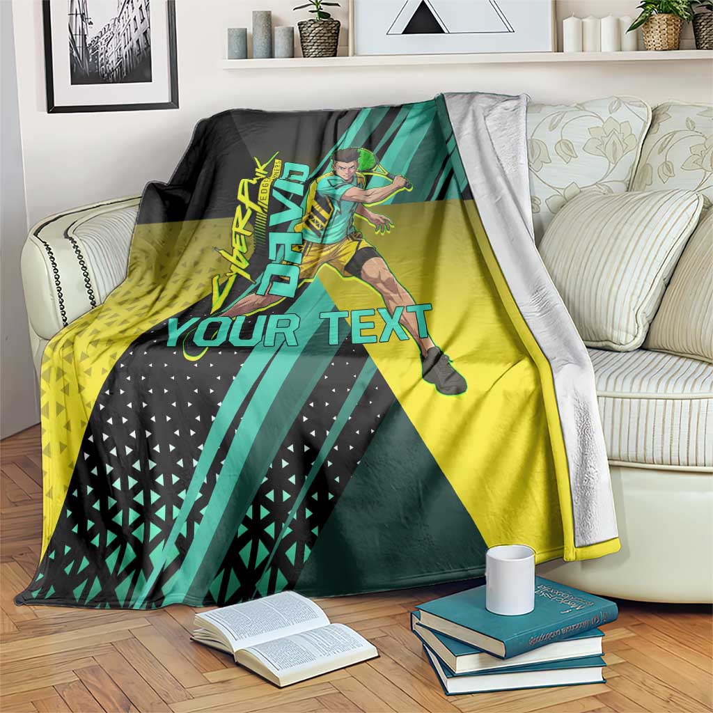Personalized David Tennis Design Blanket with a Cyberpunk Theme, Edgerunners Features Neon Green and Yellow Styling and a Powerful Pose