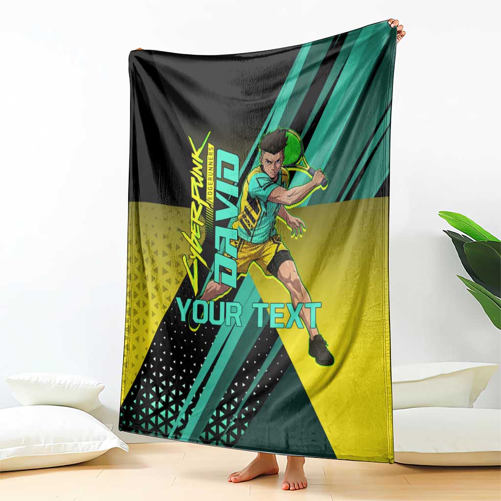 Personalized David Tennis Design Blanket with a Cyberpunk Theme, Edgerunners Features Neon Green and Yellow Styling and a Powerful Pose