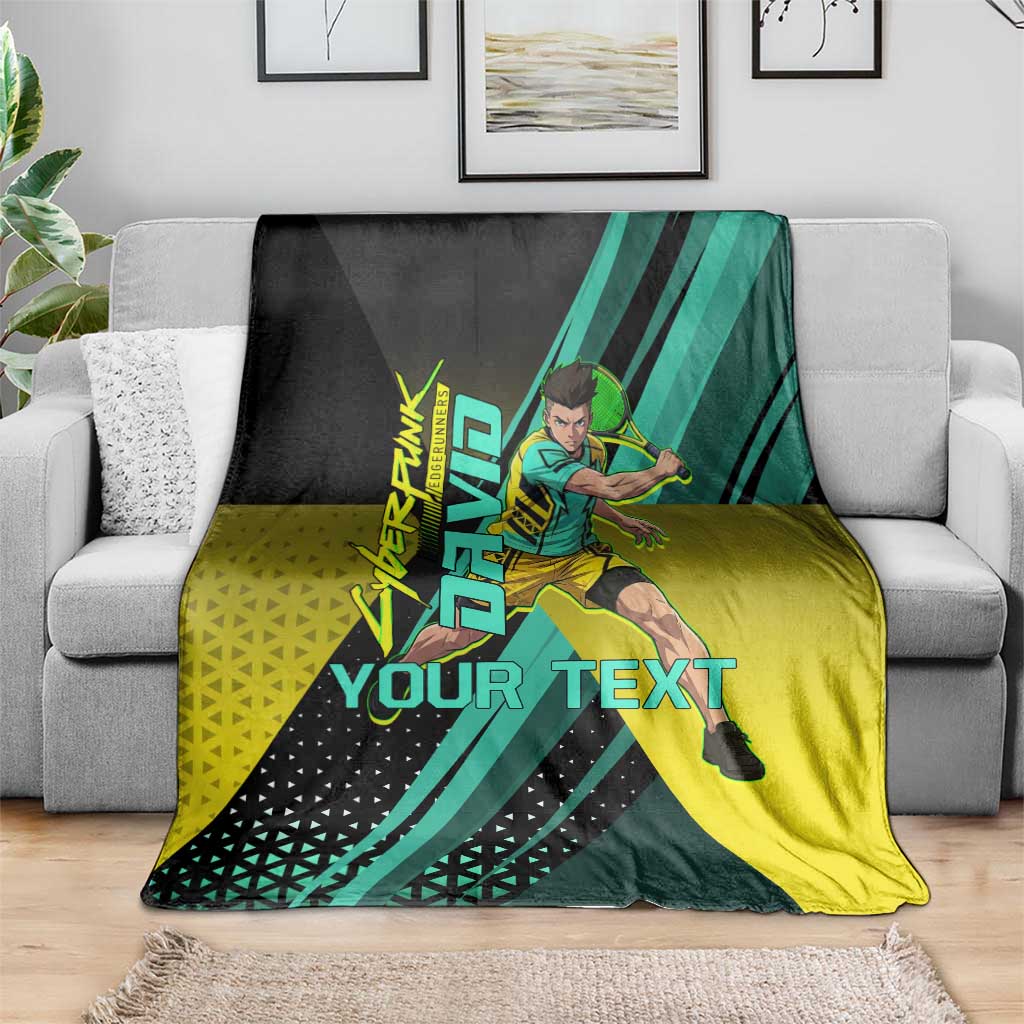 Personalized David Tennis Design Blanket with a Cyberpunk Theme, Edgerunners Features Neon Green and Yellow Styling and a Powerful Pose