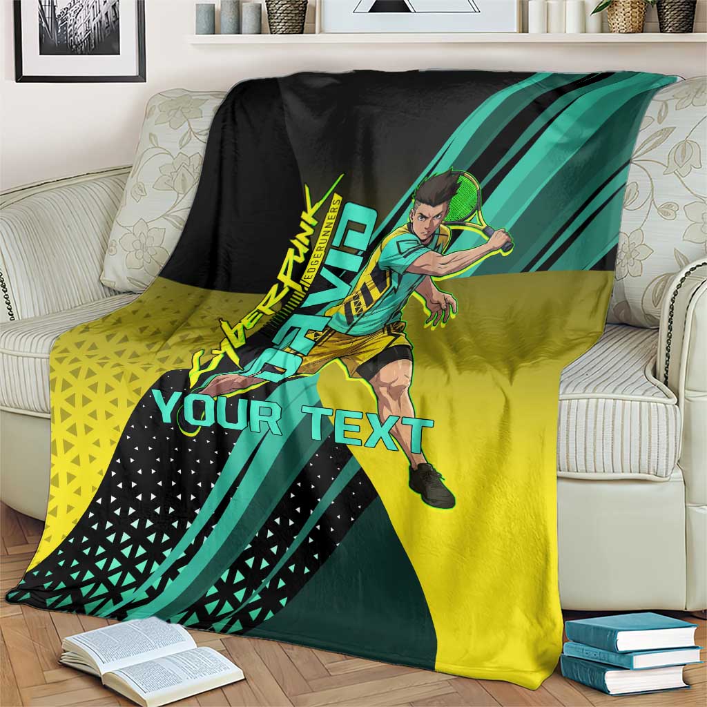 Personalized David Tennis Design Blanket with a Cyberpunk Theme, Edgerunners Features Neon Green and Yellow Styling and a Powerful Pose