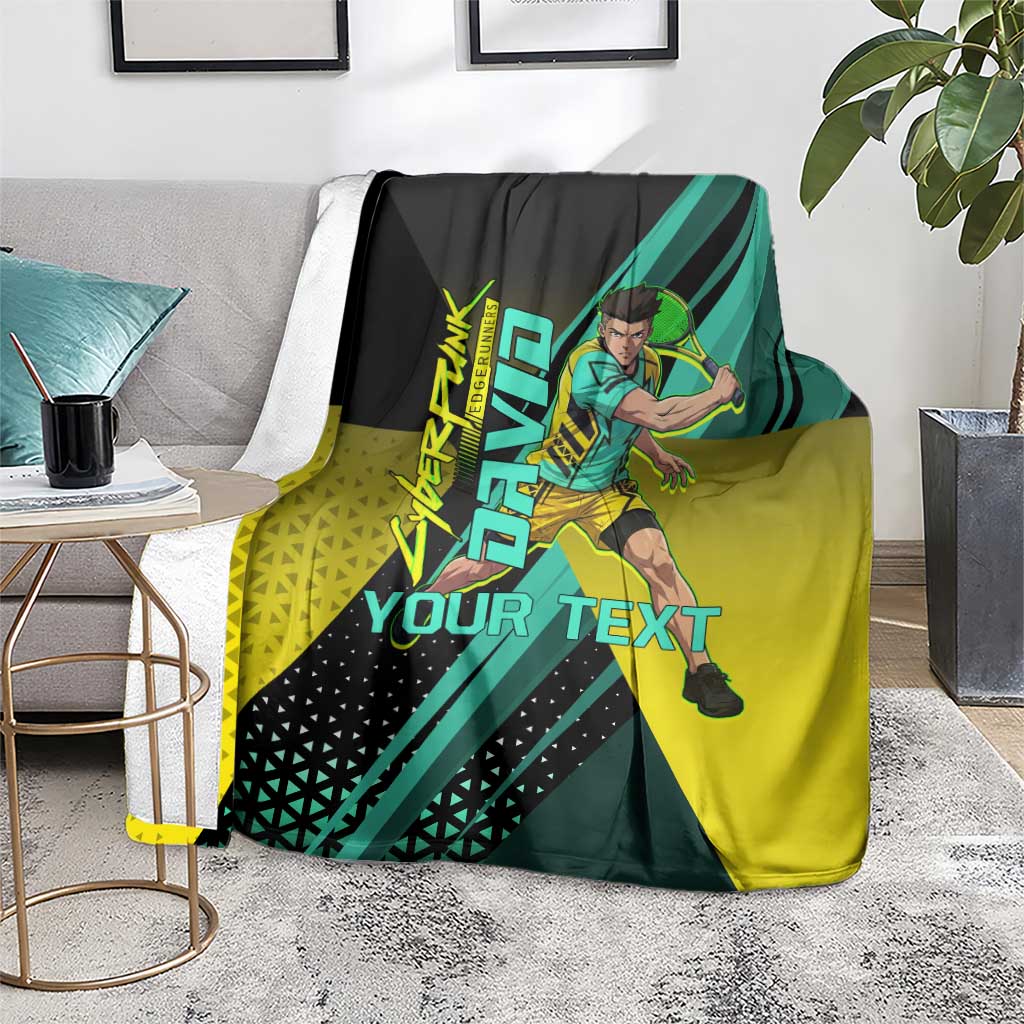 Personalized David Tennis Design Blanket with a Cyberpunk Theme, Edgerunners Features Neon Green and Yellow Styling and a Powerful Pose