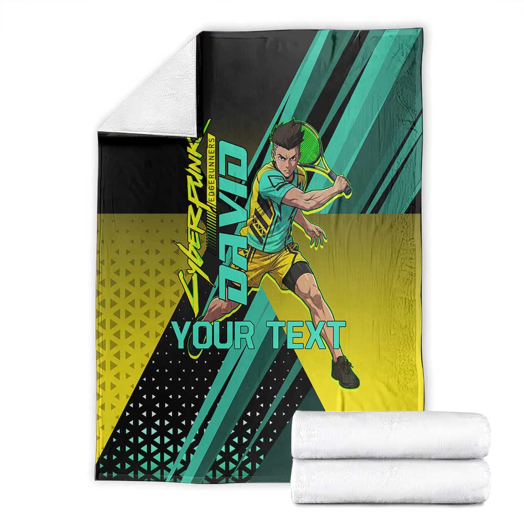 Personalized David Tennis Design Blanket with a Cyberpunk Theme, Edgerunners Features Neon Green and Yellow Styling and a Powerful Pose