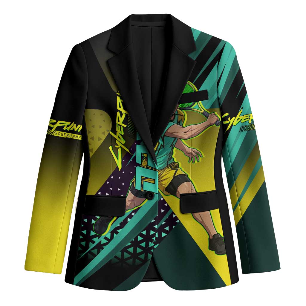 Personalized David Tennis Design Blazer with a Cyberpunk Theme, Edgerunners Features Neon Green and Yellow Styling and a Powerful Pose