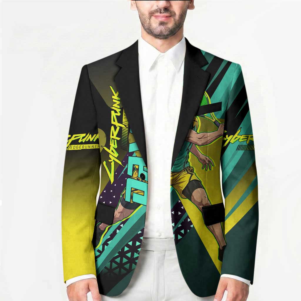 Personalized David Tennis Design Blazer with a Cyberpunk Theme, Edgerunners Features Neon Green and Yellow Styling and a Powerful Pose