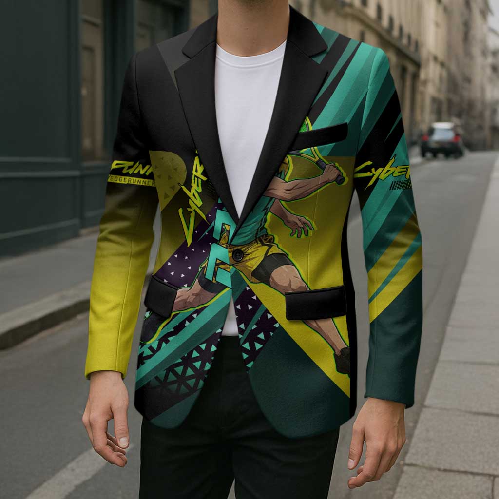 Personalized David Tennis Design Blazer with a Cyberpunk Theme, Edgerunners Features Neon Green and Yellow Styling and a Powerful Pose