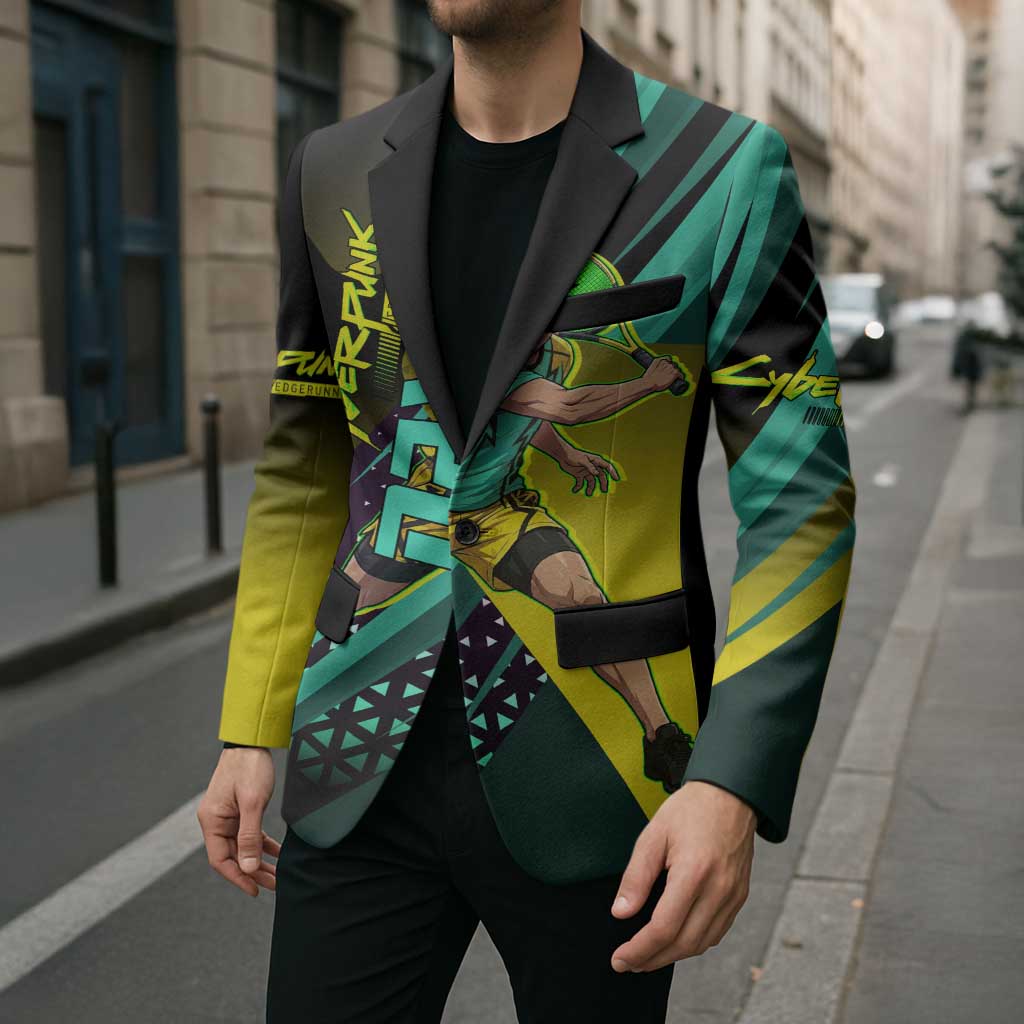 Personalized David Tennis Design Blazer with a Cyberpunk Theme, Edgerunners Features Neon Green and Yellow Styling and a Powerful Pose