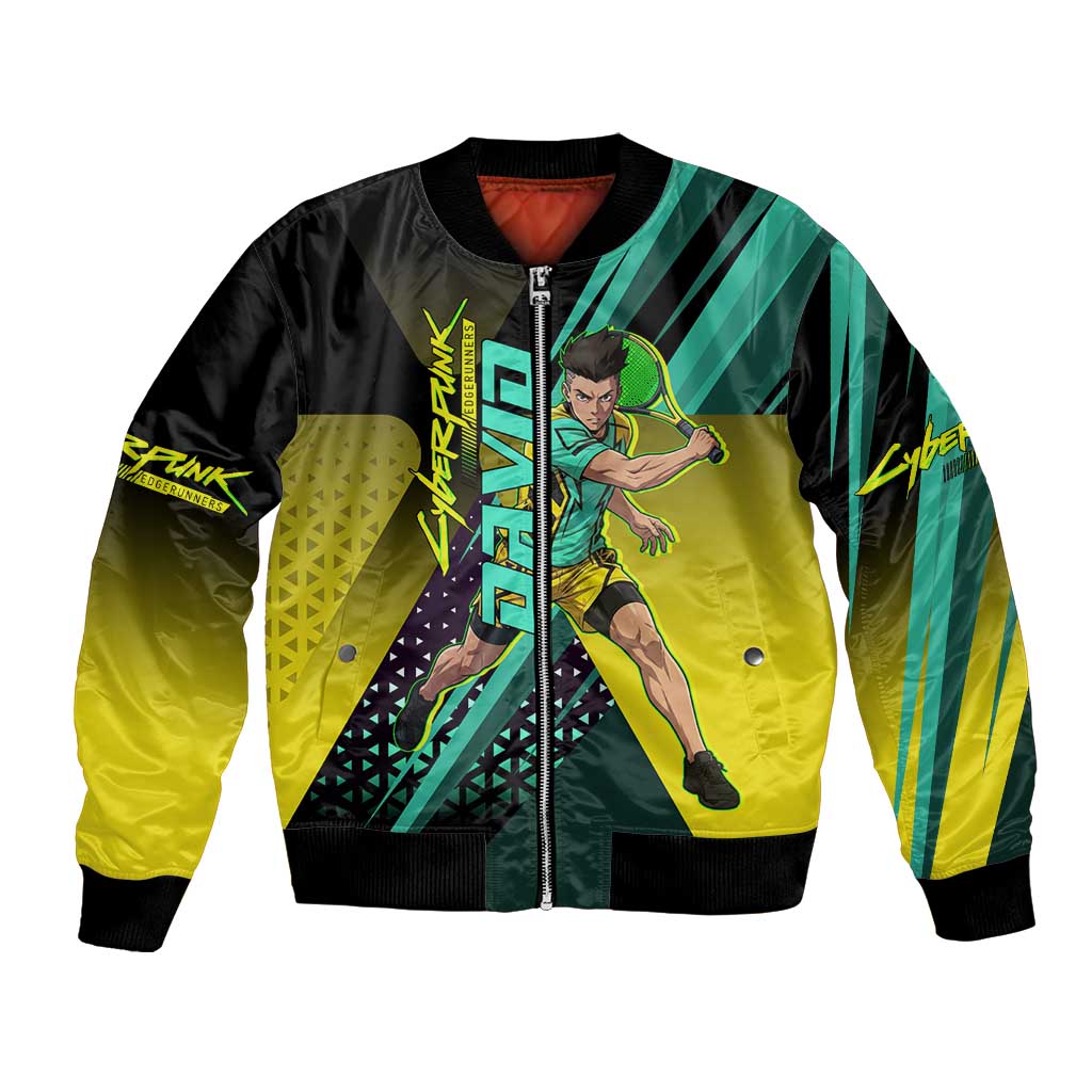 Personalized David Tennis Design Bomber Jacket with a Cyberpunk Theme, Edgerunners Features Neon Green and Yellow Styling and a Powerful Pose