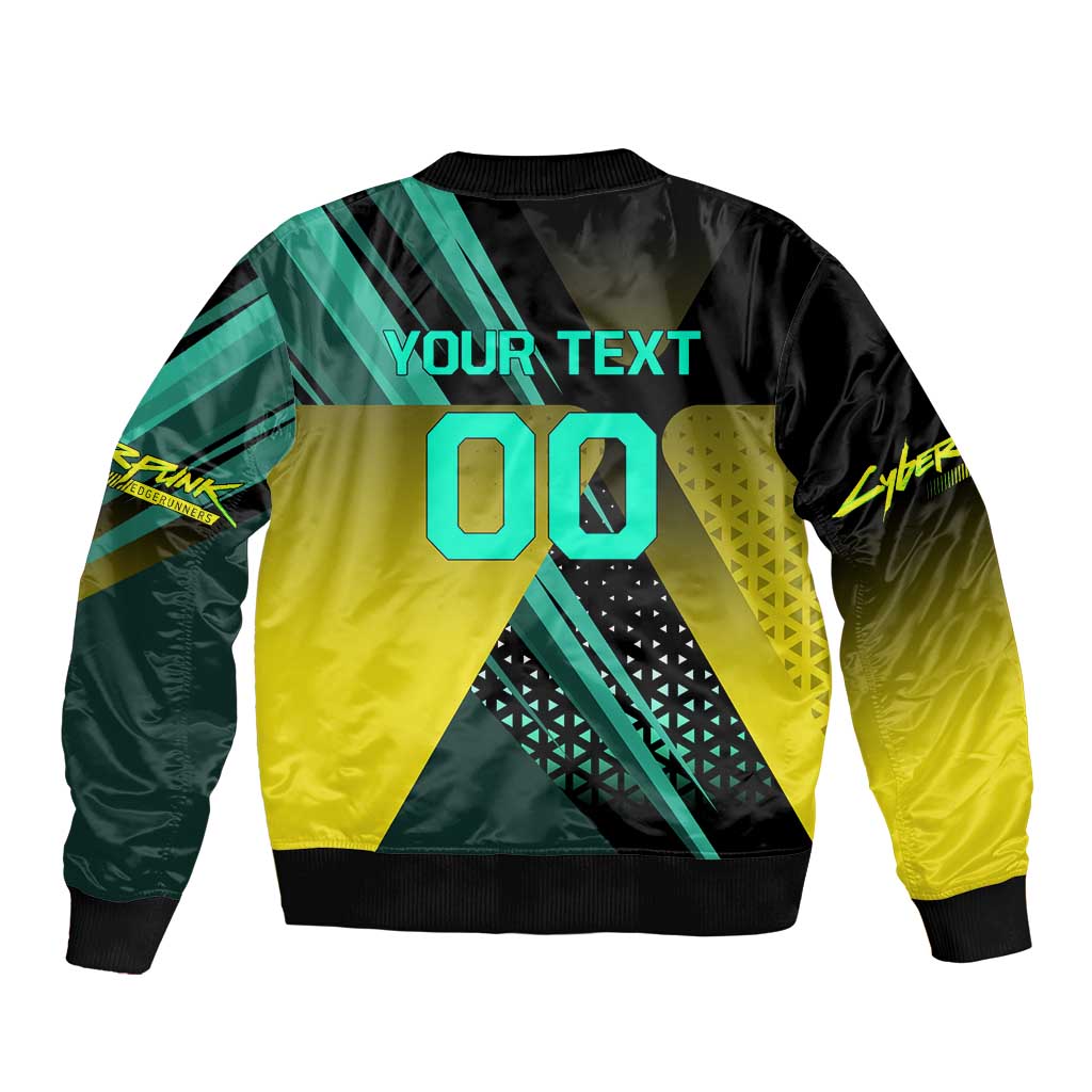 Personalized David Tennis Design Bomber Jacket with a Cyberpunk Theme, Edgerunners Features Neon Green and Yellow Styling and a Powerful Pose