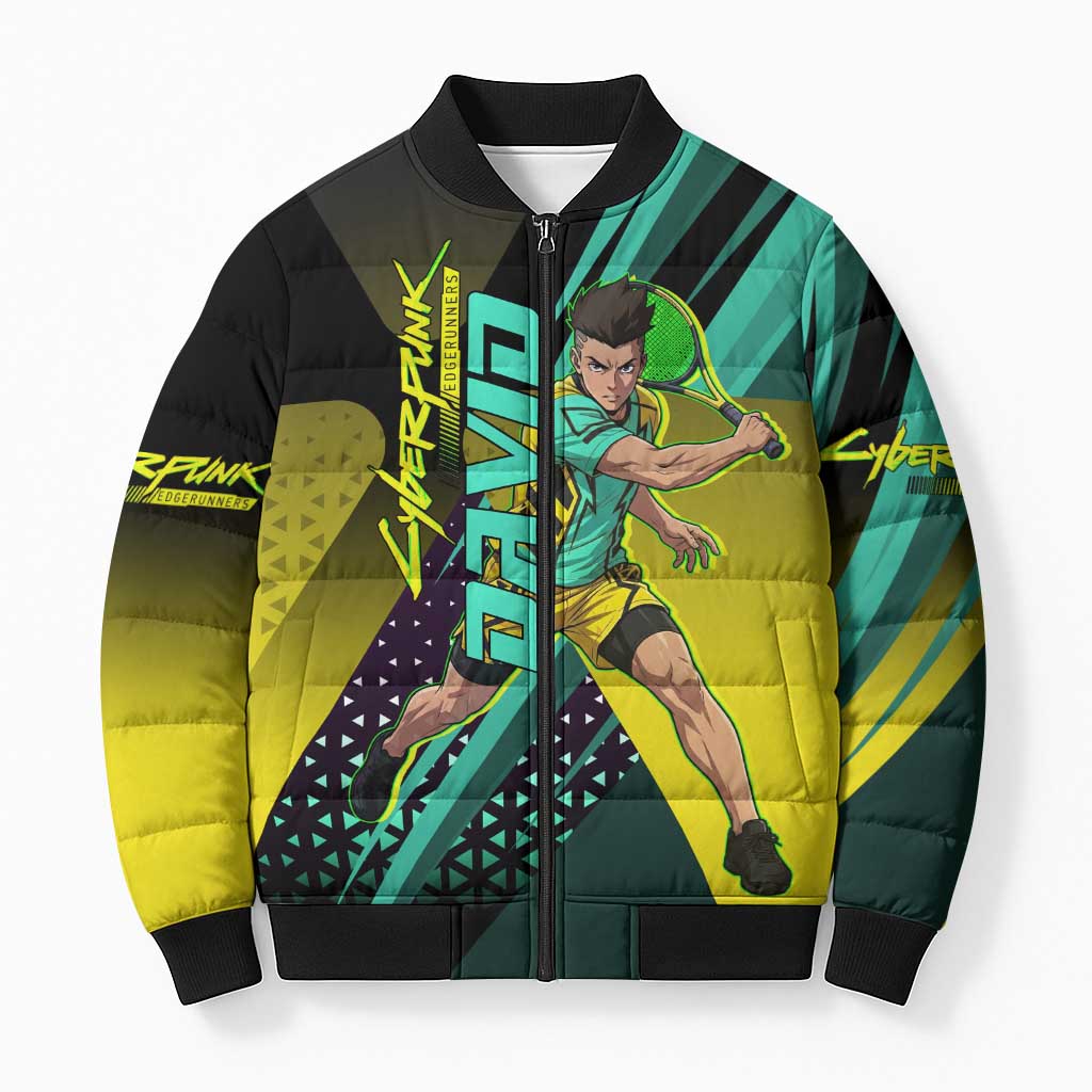 Personalized David Tennis Design Bomber Puffer Jacket with a Cyberpunk Theme, Edgerunners Features Neon Green and Yellow Styling and a Powerful Pose