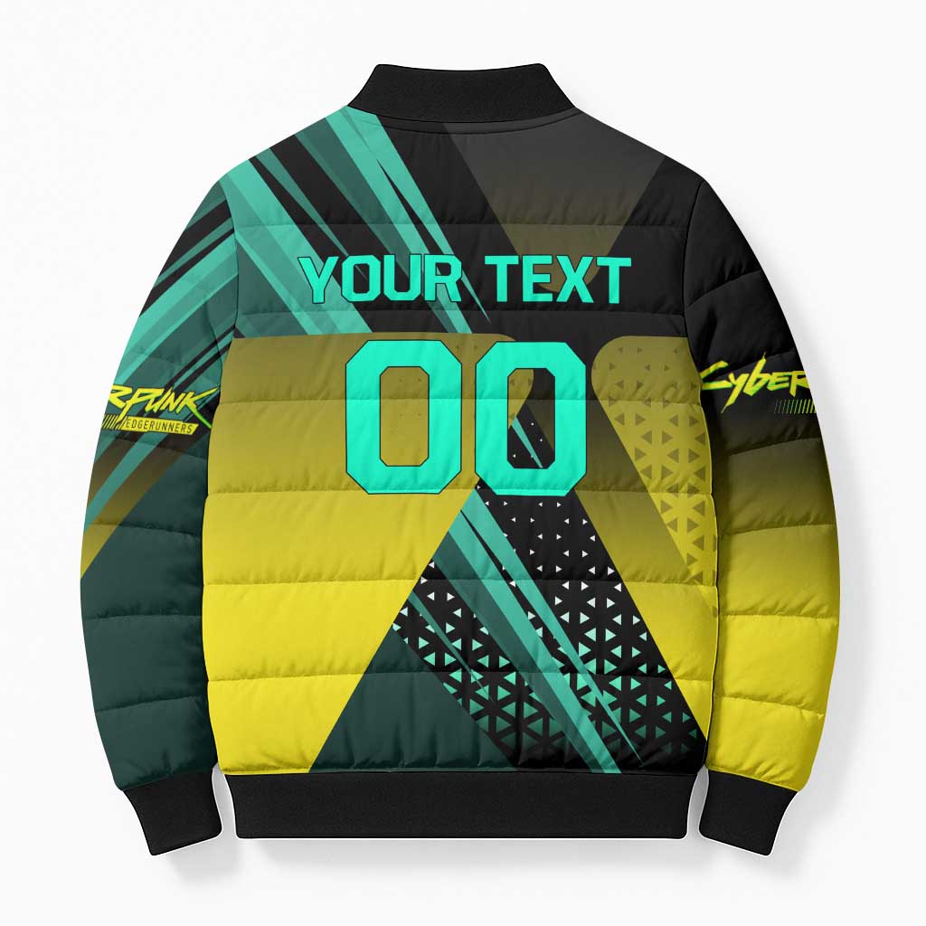 Personalized David Tennis Design Bomber Puffer Jacket with a Cyberpunk Theme, Edgerunners Features Neon Green and Yellow Styling and a Powerful Pose