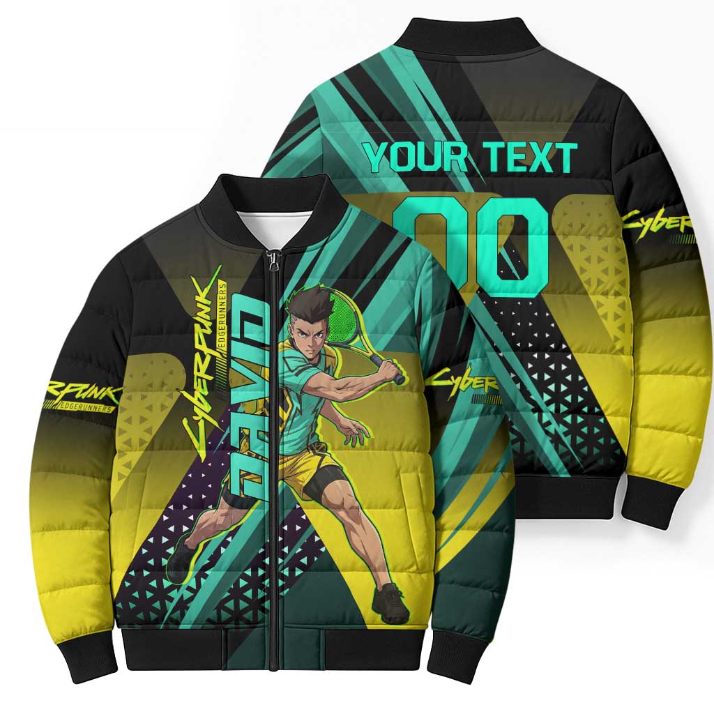 Personalized David Tennis Design Bomber Puffer Jacket with a Cyberpunk Theme, Edgerunners Features Neon Green and Yellow Styling and a Powerful Pose