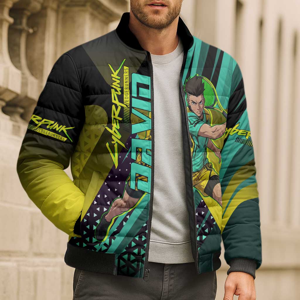 Personalized David Tennis Design Bomber Puffer Jacket with a Cyberpunk Theme, Edgerunners Features Neon Green and Yellow Styling and a Powerful Pose