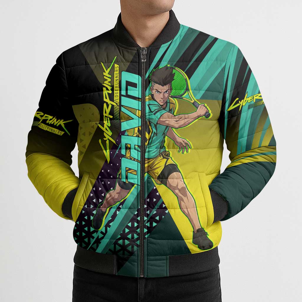 Personalized David Tennis Design Bomber Puffer Jacket with a Cyberpunk Theme, Edgerunners Features Neon Green and Yellow Styling and a Powerful Pose