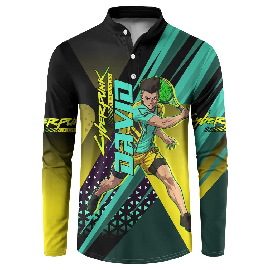 Personalized David Tennis Design Button Sweatshirt with a Cyberpunk Theme, Edgerunners Features Neon Green and Yellow Styling and a Powerful Pose