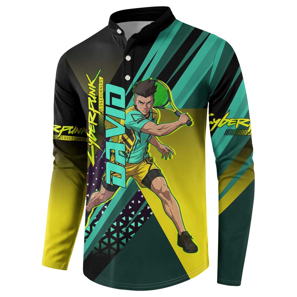 Personalized David Tennis Design Button Sweatshirt with a Cyberpunk Theme, Edgerunners Features Neon Green and Yellow Styling and a Powerful Pose