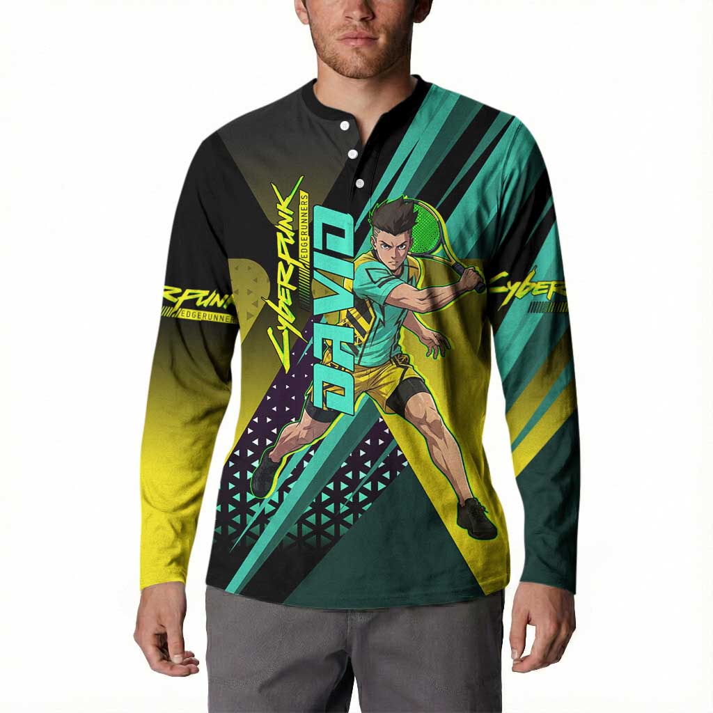 Personalized David Tennis Design Button Sweatshirt with a Cyberpunk Theme, Edgerunners Features Neon Green and Yellow Styling and a Powerful Pose