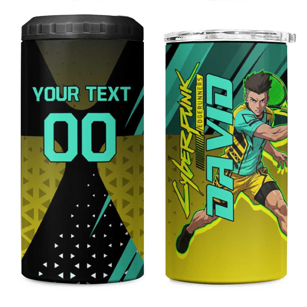 Personalized David Tennis Design 4 in 1 Can Cooler Tumbler with a Cyberpunk Theme, Edgerunners Features Neon Green and Yellow Styling and a Powerful Pose