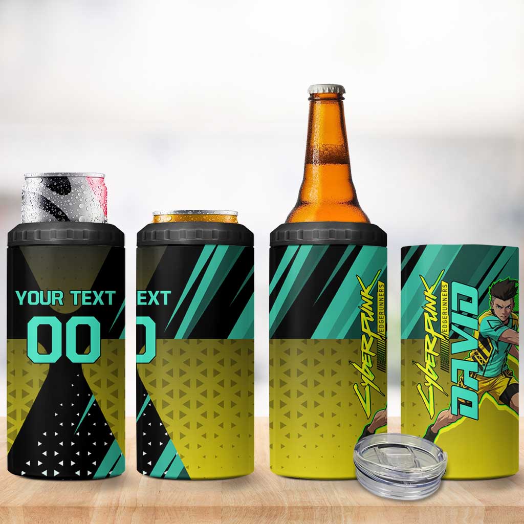 Personalized David Tennis Design 4 in 1 Can Cooler Tumbler with a Cyberpunk Theme, Edgerunners Features Neon Green and Yellow Styling and a Powerful Pose