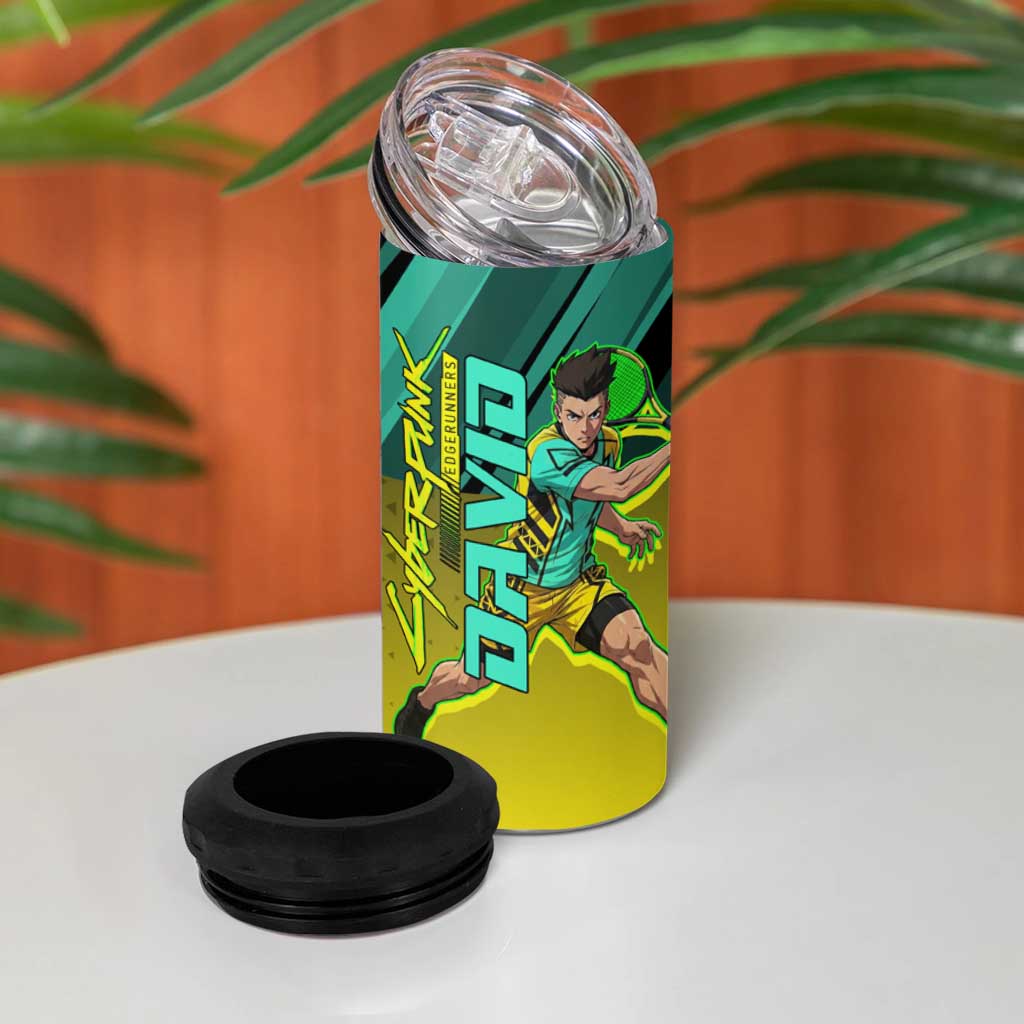 Personalized David Tennis Design 4 in 1 Can Cooler Tumbler with a Cyberpunk Theme, Edgerunners Features Neon Green and Yellow Styling and a Powerful Pose