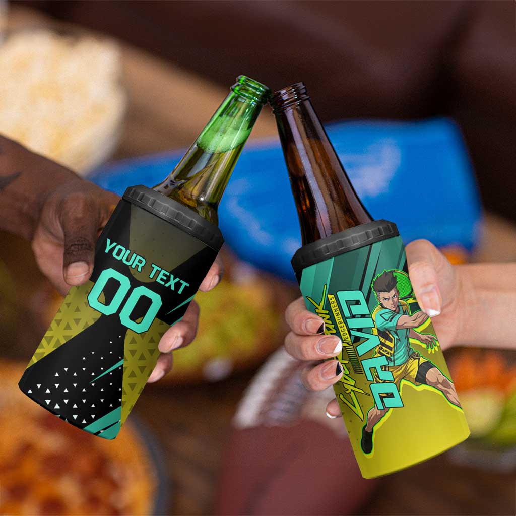 Personalized David Tennis Design 4 in 1 Can Cooler Tumbler with a Cyberpunk Theme, Edgerunners Features Neon Green and Yellow Styling and a Powerful Pose