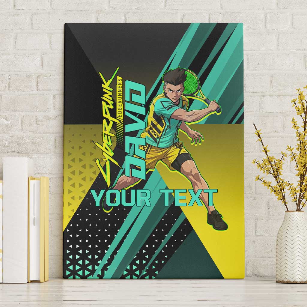 Personalized David Tennis Design Canvas Wall Art with a Cyberpunk Theme, Edgerunners Features Neon Green and Yellow Styling and a Powerful Pose