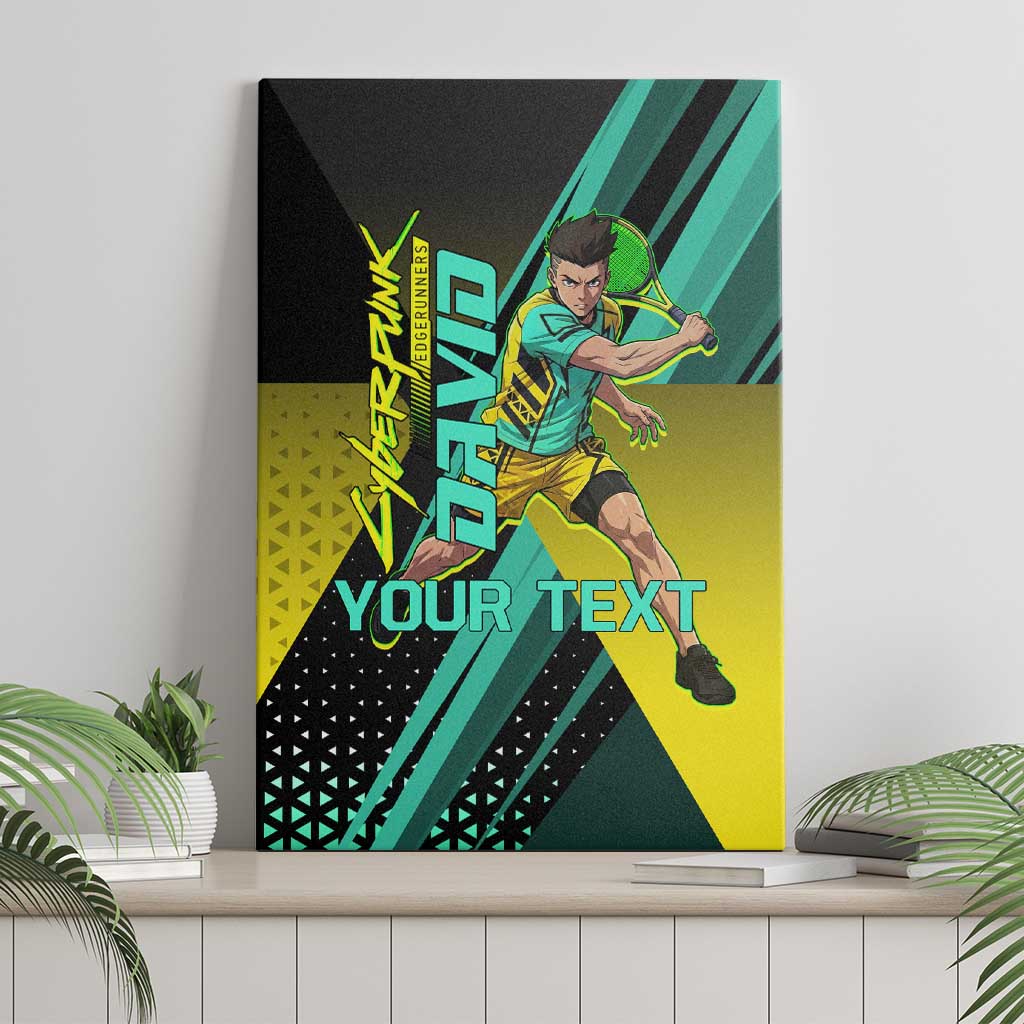 Personalized David Tennis Design Canvas Wall Art with a Cyberpunk Theme, Edgerunners Features Neon Green and Yellow Styling and a Powerful Pose