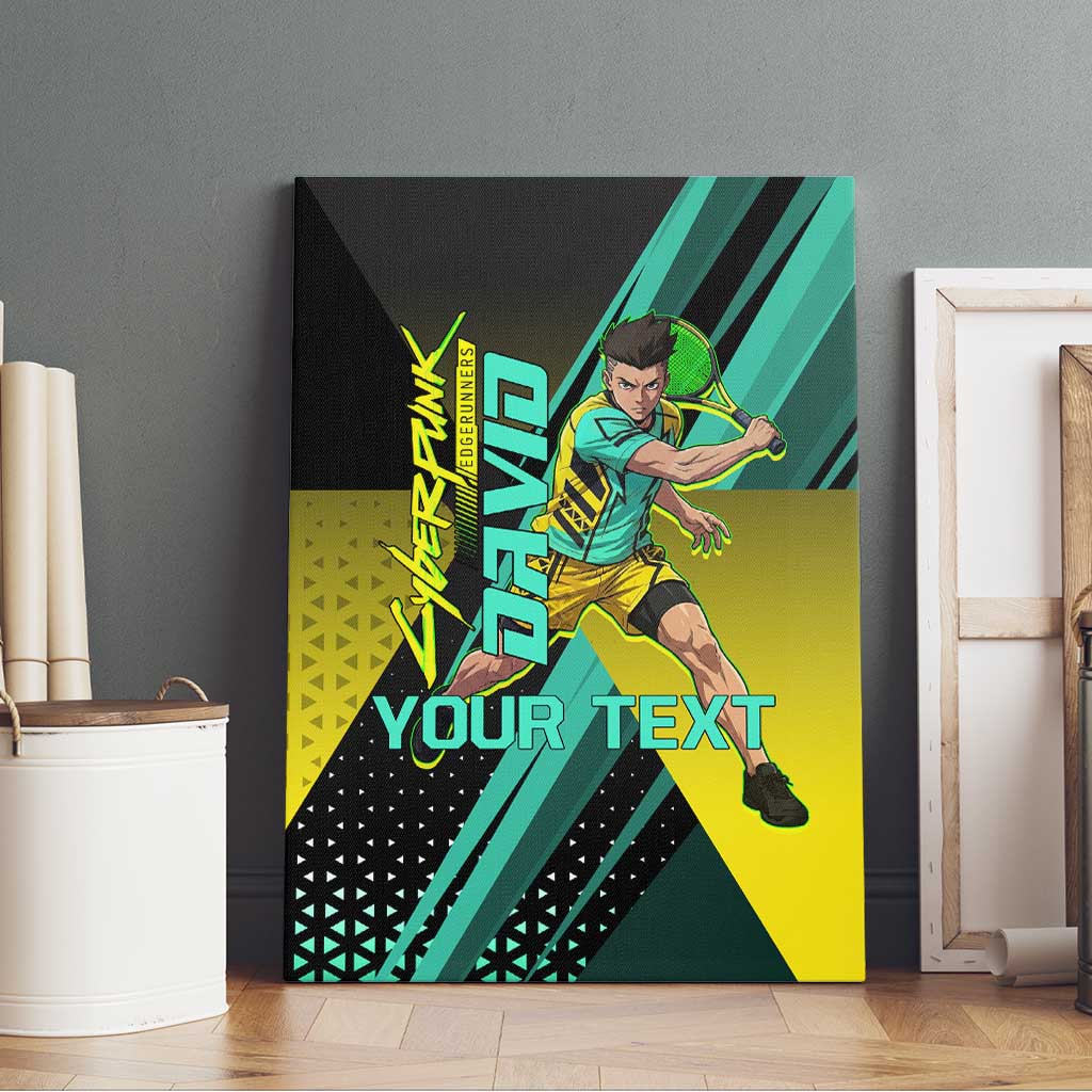 Personalized David Tennis Design Canvas Wall Art with a Cyberpunk Theme, Edgerunners Features Neon Green and Yellow Styling and a Powerful Pose