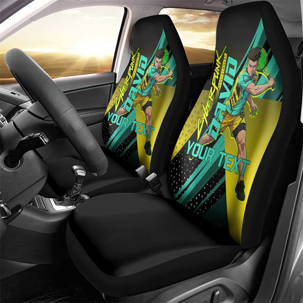 Personalized David Tennis Design Car Seat Cover with a Cyberpunk Theme, Edgerunners Features Neon Green and Yellow Styling and a Powerful Pose
