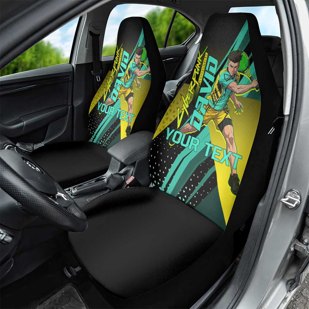 Personalized David Tennis Design Car Seat Cover with a Cyberpunk Theme, Edgerunners Features Neon Green and Yellow Styling and a Powerful Pose
