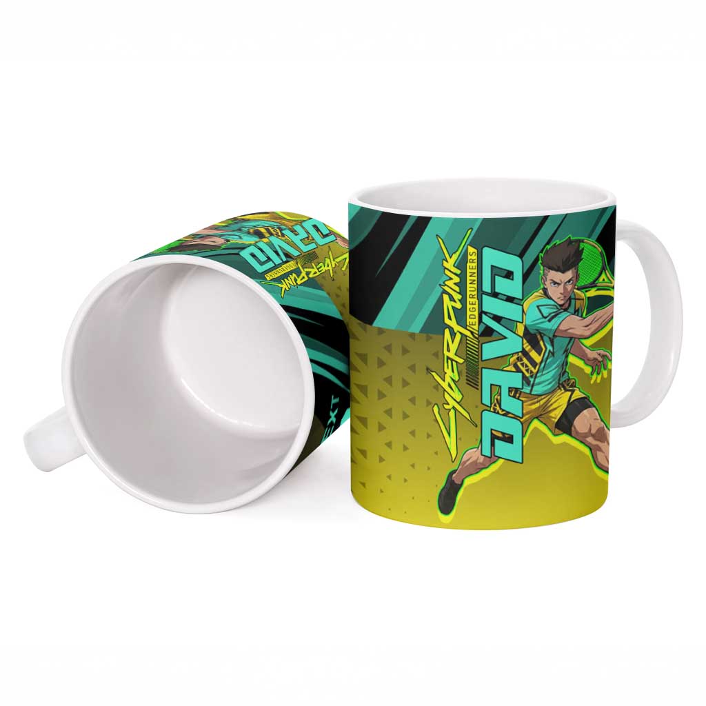 Personalized David Tennis Design Ceramic Mug with a Cyberpunk Theme, Edgerunners Features Neon Green and Yellow Styling and a Powerful Pose