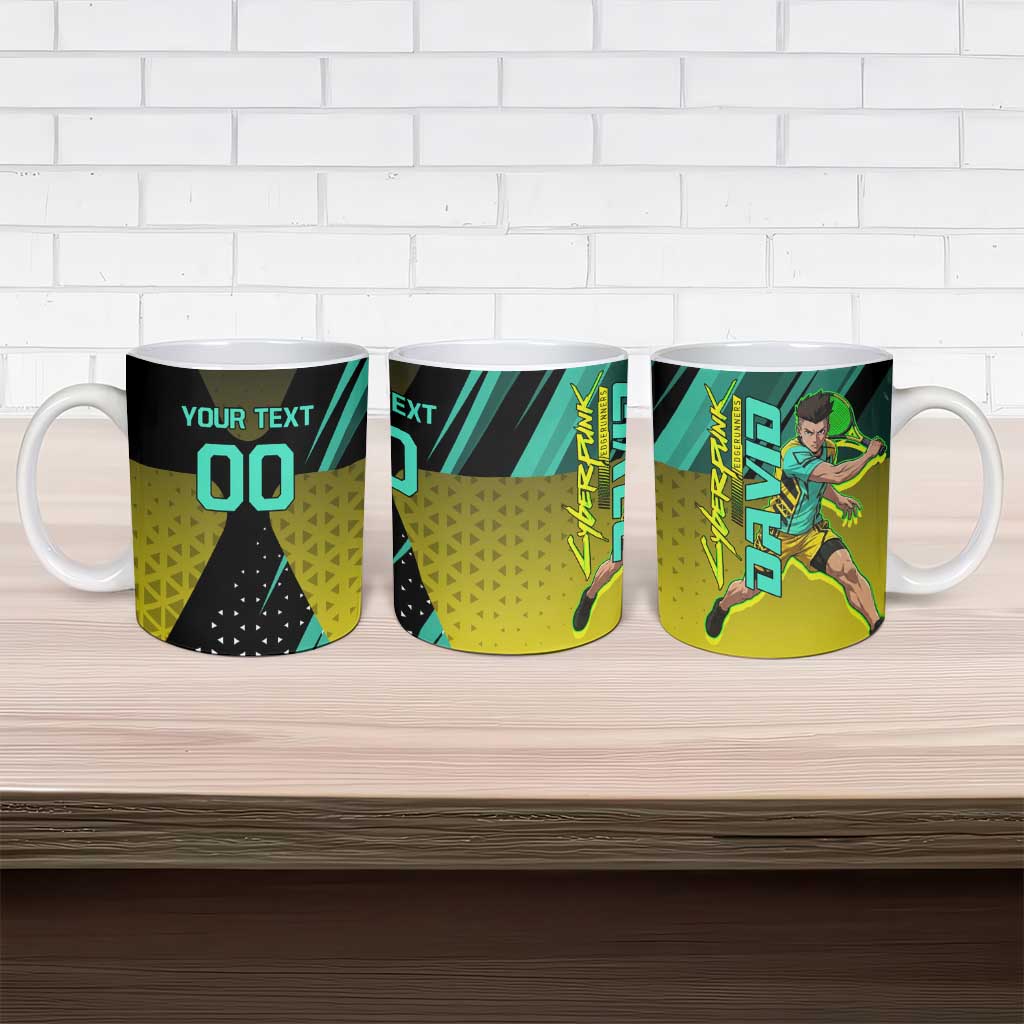 Personalized David Tennis Design Ceramic Mug with a Cyberpunk Theme, Edgerunners Features Neon Green and Yellow Styling and a Powerful Pose