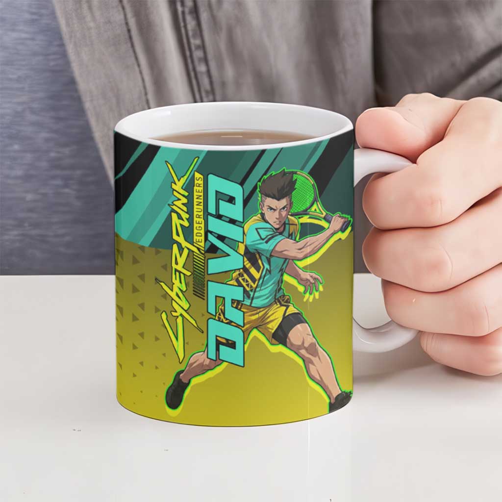 Personalized David Tennis Design Ceramic Mug with a Cyberpunk Theme, Edgerunners Features Neon Green and Yellow Styling and a Powerful Pose