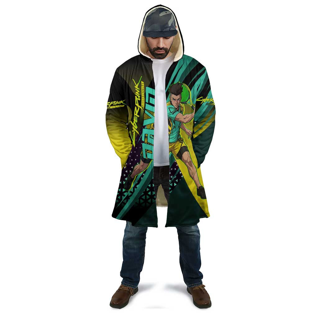 Personalized David Tennis Design Cloak with a Cyberpunk Theme, Edgerunners Features Neon Green and Yellow Styling and a Powerful Pose